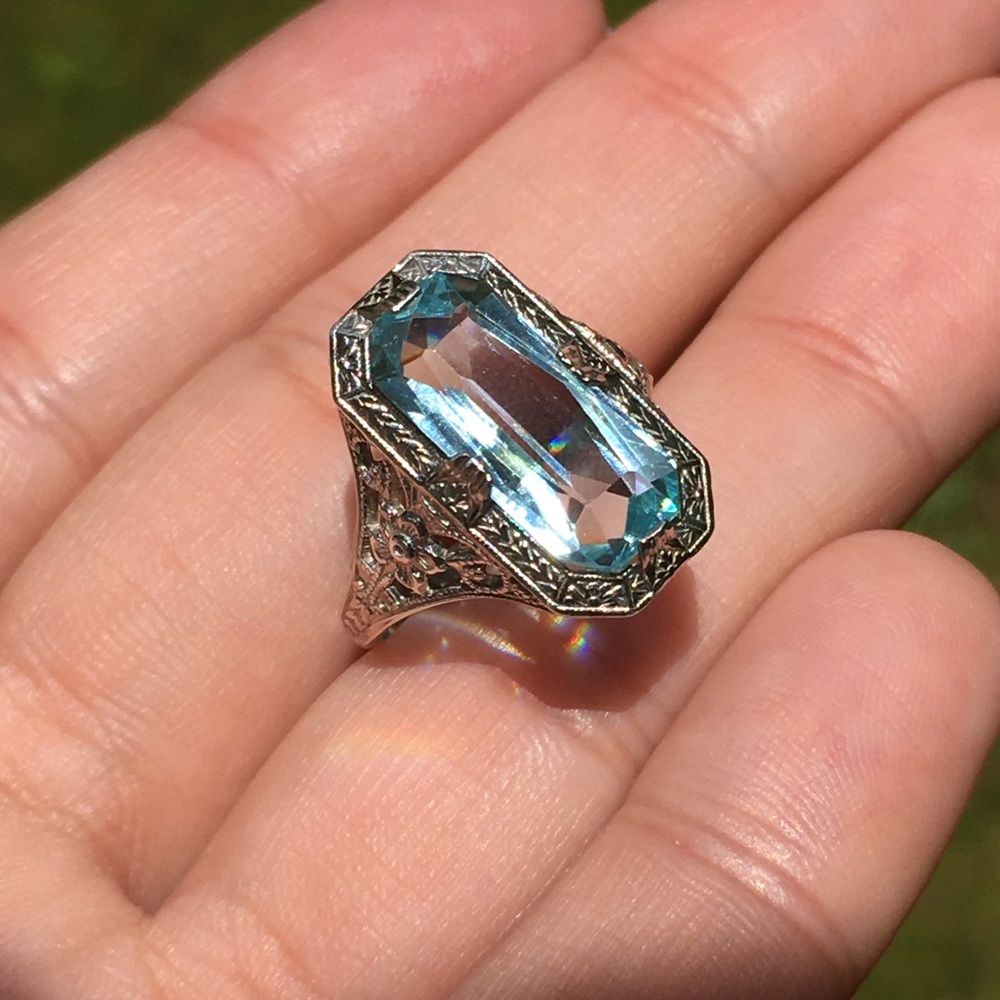 Intricate Art Deco Sterling Silver Blue Topaz Ring - Picture 5 of 15